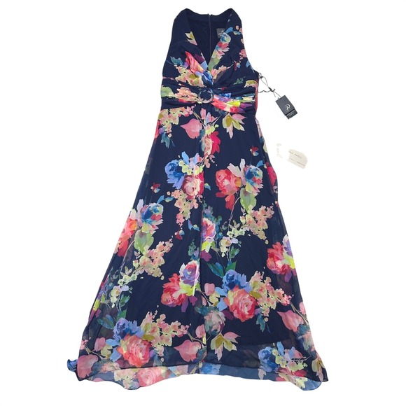 Adrianna Papell Pants - Adrianna Papell Navy Multi Floral Print‎ Chiffon Jumpsuit Size 8 NWT